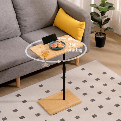 Bamboo Couch Tray Table Height Adjustable C-Shaped End Table with Slots 2 Tier Sofa Side Table for Living Room & Bedroom (Rectangle + Rectangle) (Natural + Metal + Modern)