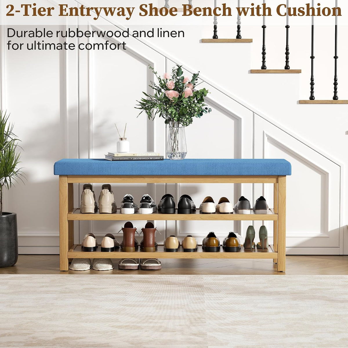 2 Tier Shoe Rack Bench with Cushion, Rubberwood Shoe Benches, Mid-Century Modern Shoe Storage Bench for Entryway, Hallway, Living Room, Closet, Front Door Entrance, Blue