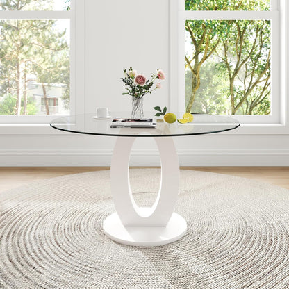 RGZ 39'' Modern Luxury Clear Glass Round Dining Table for 4-6, Glass Circle Top Kitchen Table with Elegant Gold Decorative Strips & White Base, Small Apartment Dinner Table for Home, Living Room