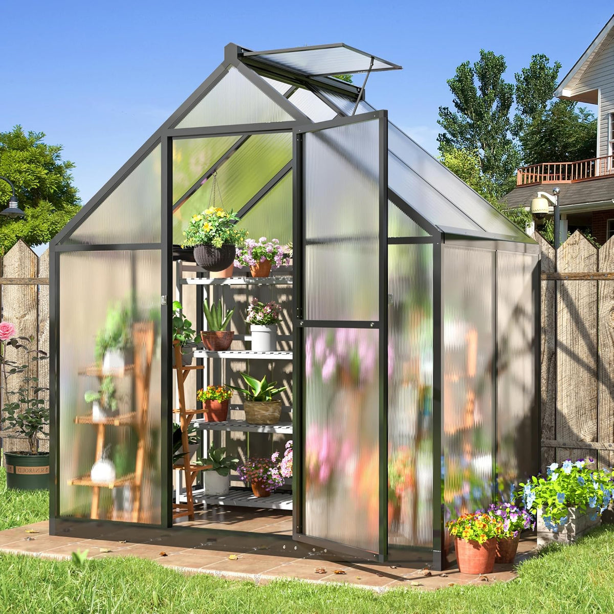 WKM Greenhouse - 5.6x3.7 FT Quick-fit Aluminum Structure with Window Ventilation, Black