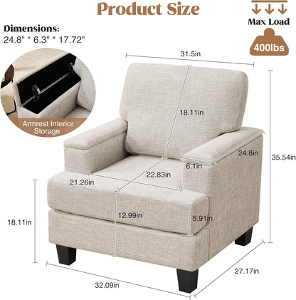 Accent Chairs Set of 2 with Armrest Storage, Modern Reading Living Room Chair, Upholstered Comfy Large Armchairs, Fabric Single Sofa Chair for Bedroom (Beige)