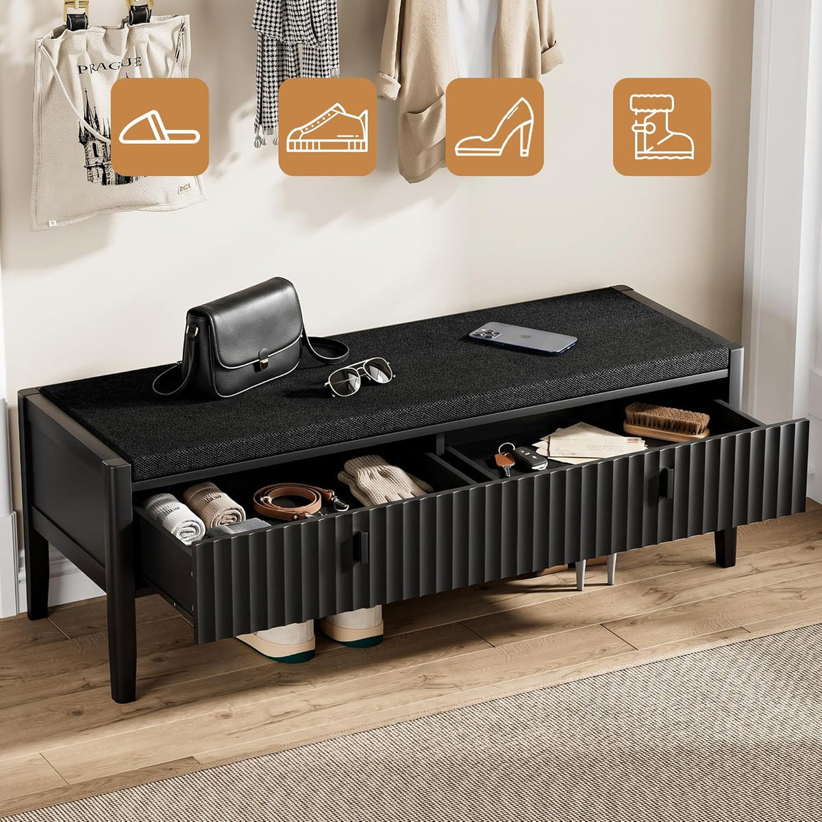 Furniway Black Fluted Shoe Bench with 2 Drawers, Entryway Storage Bench with Thick Padded Cushion Seat, Open Bottom Shoe Storage Shelf for Hallway, Living Room, Bedroom, 47.2" W