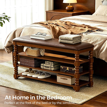 Homleke Solid Wood Shoe Storage Bench with Cushion,Classic Turned Ball Legs | 3-Tier Tall Entryway Bench with Leather Seat, Holds Up to 12 Pairs, for Hallway and Bedroom, Walnut, 39.4 Inch