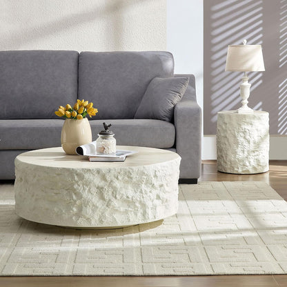 Round Side Table End Table for Living Room, Modern Contemporary Faux Stone Style Fiberglass Material, No Assembly (Beige, ø15.7'' x 17.7'')