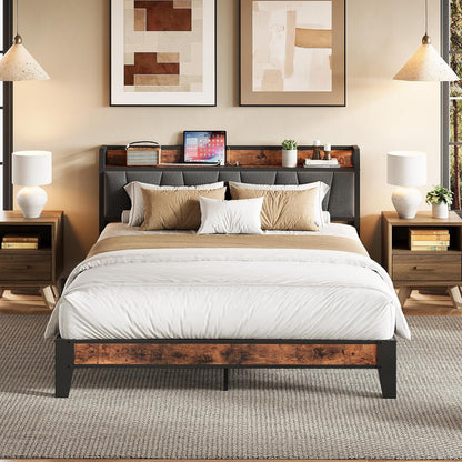 LIKIMIO Queen Size Bed Frame with Storage Headboard and Charging Station
