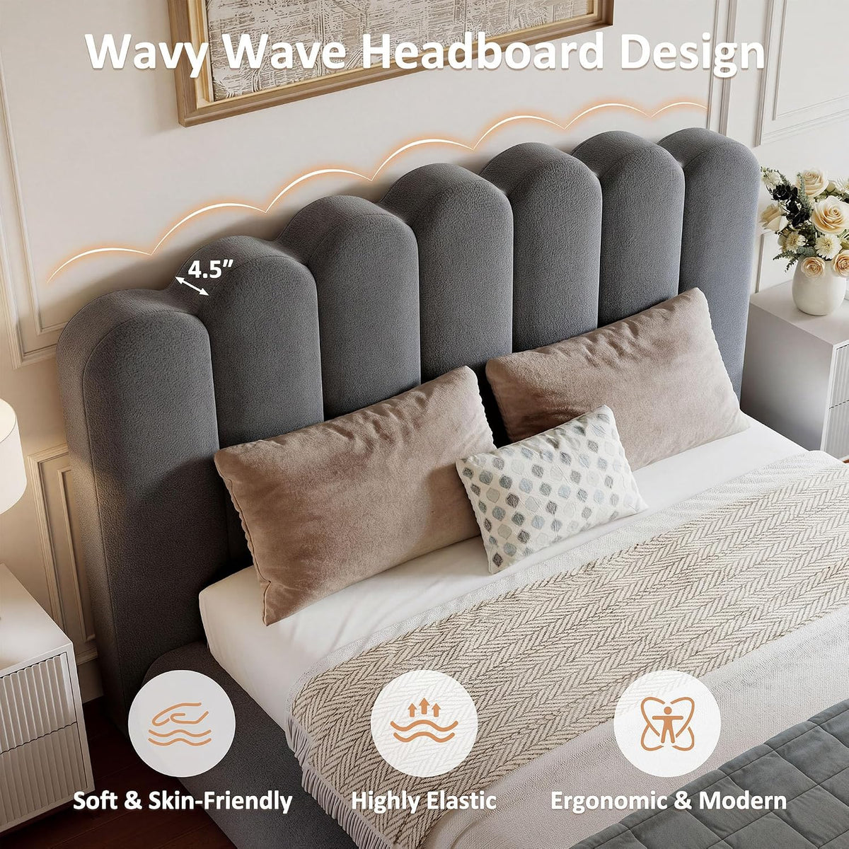 Queen Size Cloud Bed Frame with Wave Headboard, Plush Foam Upholstered Platform, Soft Rounded Safety Corners, No Box Spring Required, Noise-Free, Easy Assembly, Grey