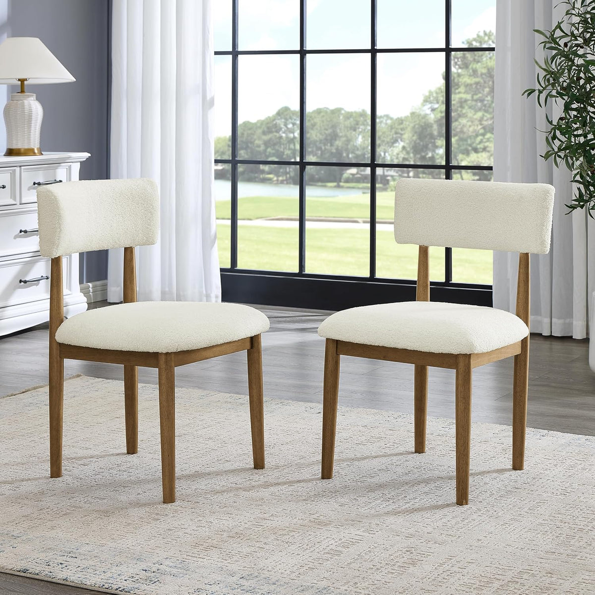 Roundhill Furniture Ellis Boucle Upholstered Dining Chairs, Set of 2, White/Natural Oak