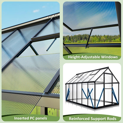 6x11 FTQuick Setup Polycarbonate Greenhouse with Roof Vent, Large Aluminum Walk-in Green House for Outdoor Garden Backyard, Black