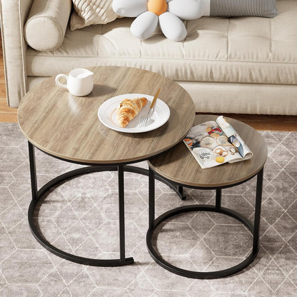 Garden 4 you Nesting Coffee Table, 23.6" Round Coffee Table Set of 2, Wooden Nesting Table Set with Metal Frame, Side Tables for Living Room Bedroom Balcony, Brown