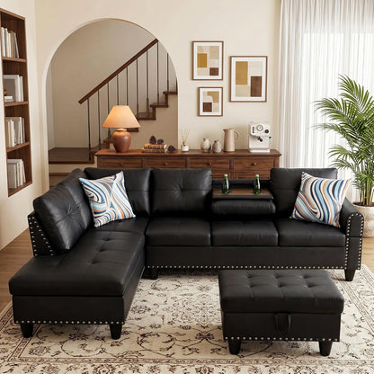 Leather L-Shaped Couch Set, 97.5"L x 69.5"W Sectional Sofas Black | Synthetic PU Leather, Stain-Resistant, 4 Seat Modular Couches with Storage Ottoman& Chaise,Apartment/Office/Living Room