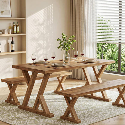63" Farmhouse Solid Wood Dining Table for 4-6, Wooden Rectangular Rustic Kitchen Dinner Table with Heavy-Duty Legs for Living Room, Dining Room, Brown