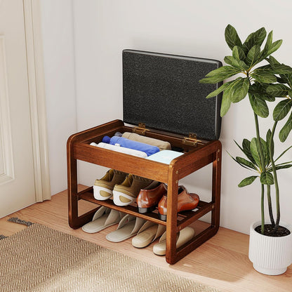 Shoe Rack Bench with Flip-Top Storage, Rubberwood 2-Tier Shoe Organizer with Cushion, Small Wooden Shoe Stand for Entryway, Mudroom, Hallway, Closet, Front Door Entrance, Foyer
