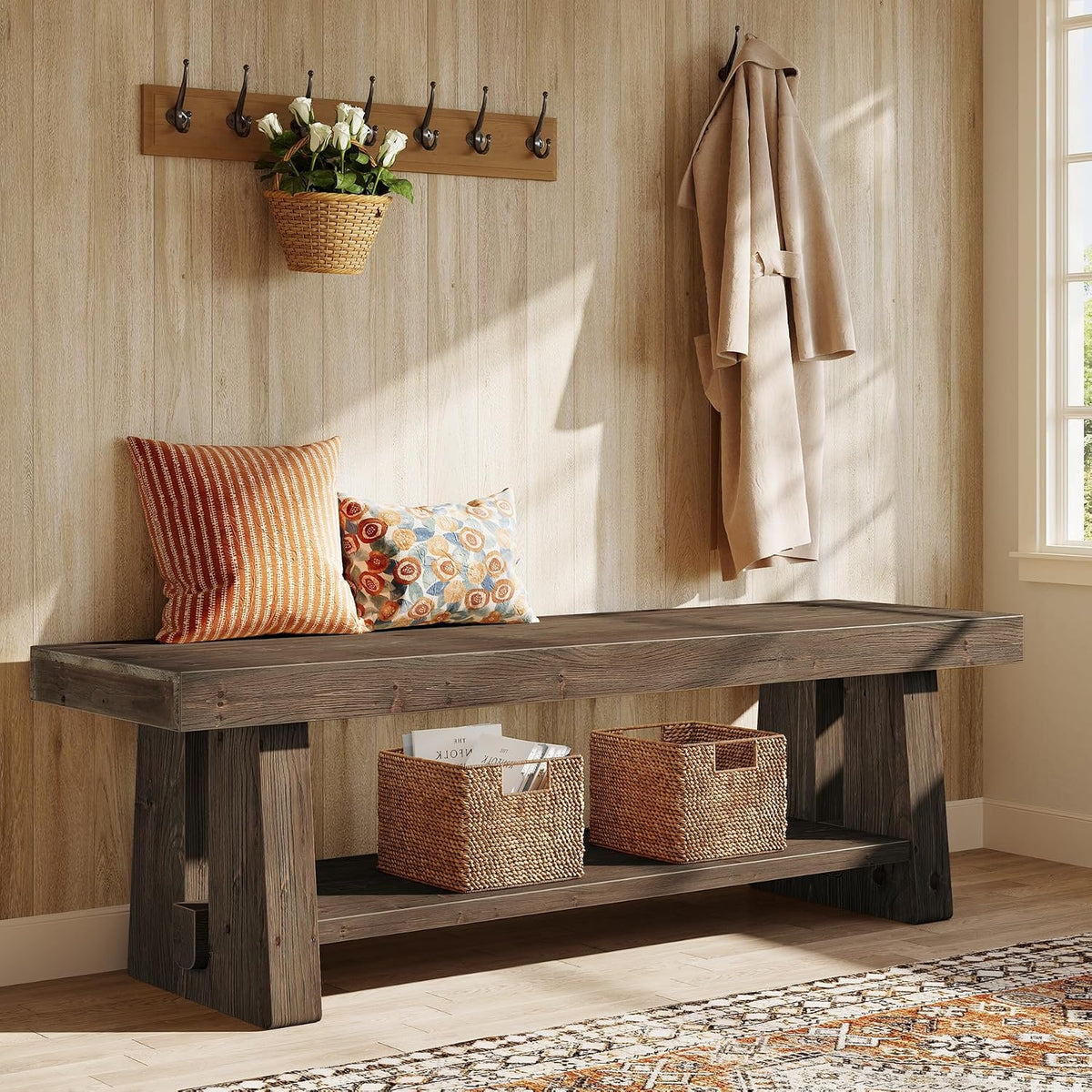63'' Solid Wood Entryway Bench with Open Shelves, 2-Tier End of Bed Bench, Farmhouse Wooden Bench Indoor for Dining Room, Living Room, Hallway, Bedroom