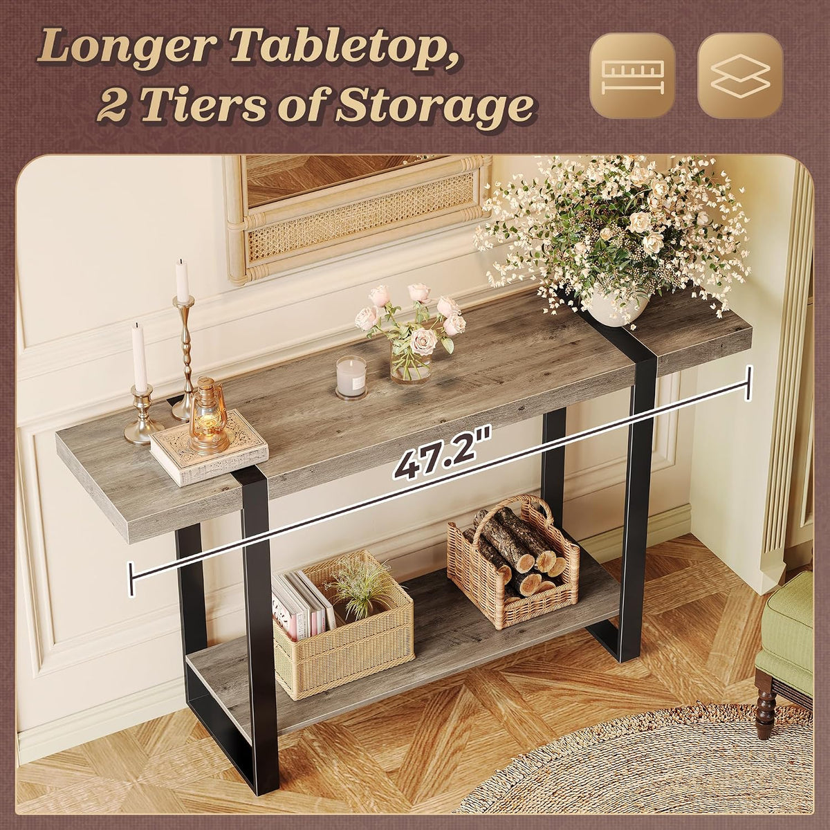 Huuger 47.2 Inch Entryway Table, 2-Tier Industrial Console Sofa Table with Storage, Accent Table, for Entry, Hallway, Entrance, Foyer, T-Shaped Metal Frame, Grey