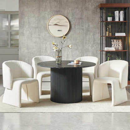 47" Round Dining Table for 4, Modern Farmhouse Marble-Look Foiled Top with MDF Striped Base, Kitchen & Dining Room Tables - Black