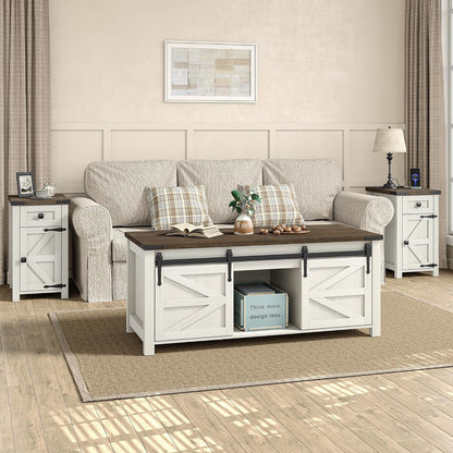 Furnihold Farmhouse CoffeeTable Set of 3, Living Room 3 Pieces Coffee Table Set, End Table Set of 2 with Charging Station and Lift Top Coffee Table with Storage for Home Office, Brown Top