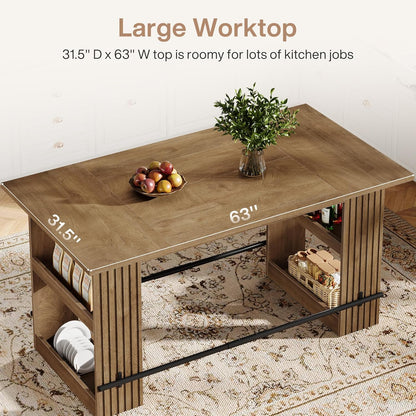 Tribesigns 63" Kitchen Island with Storage, Farmhouse Wood Stationary Island Table with Large Worktop & Leg Room, Coffee Bar Table for Kitchen, Dining Room, Living Room, Rustic Brown