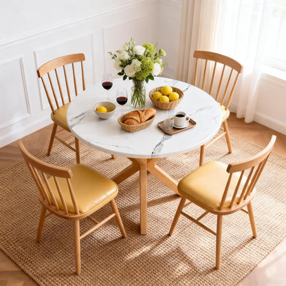 DlandHome Round Dining Table for 4, 39.4 Inches Kitchen Table with X Shaped Wooden Pedestal Base, Circle Dinner Tables for Dining Room, Kitchen, Living Room(Table Only), Marble & Oak Color