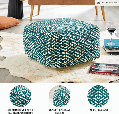 Signature Design by Ashley Brynnsen Casual Handwoven Geometric Pouf, Green & White