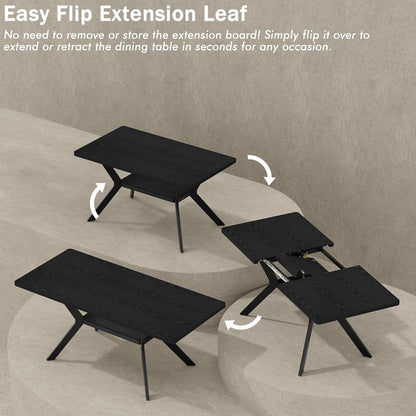 MECHYIN Extendable Dining Table for 4-8, 55-71 in, Storage Shelf, Black | Flip Leaf Stores Under Top, No-Gap Metal Connectors, Chairs Tuck Under Pedestal Base, Wood-Grain MDF Top, Fits Apartments