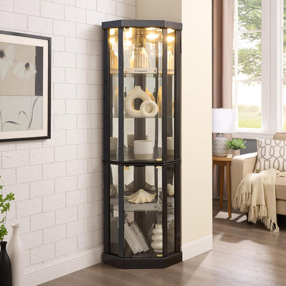 Lighted Corner Curio Cabinet - Elegant Glass Display Case for Living Room & Bar Storage - Perfect for Antique Collections & Wine - Includes Built-in Lighting - Black