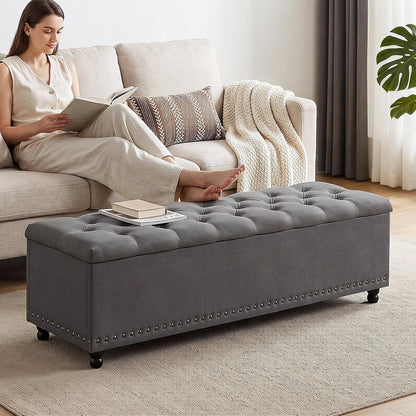 51" Storage Ottoman Bench with Wooden Legs and Soft-Close, Grey | Large End of Bed Bench with Button Tufting, Metal Rivet Accents, Fabric Bedroom Chest for Entryway Living Room Window