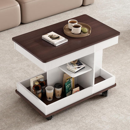 Adjustable End Table with Wheels, Modern Multifunctional Sofa Side Table with Lift-Top, 360°Rotating Top and Storage Space for Living Room, Small Space, Brown+White