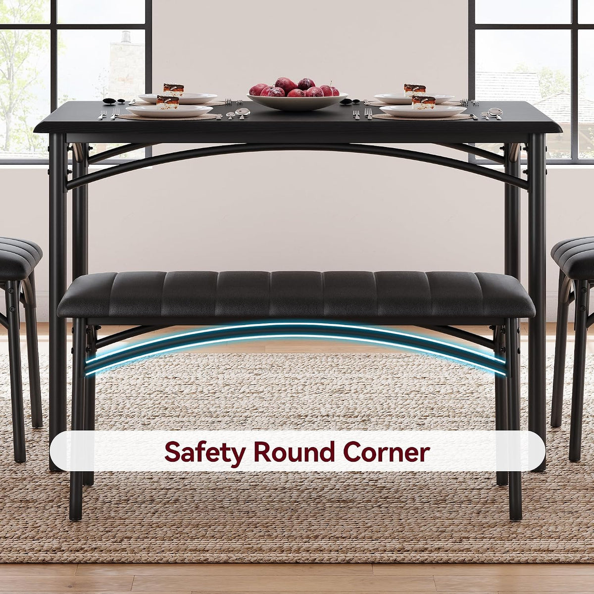 Dining Table Set for 4, Small Dining Table Set with Upholstered Bench and 2 Chairs, Kitchen Table and Chairs for 4, for Small Space, Apartment, Dinner, Rustic Black