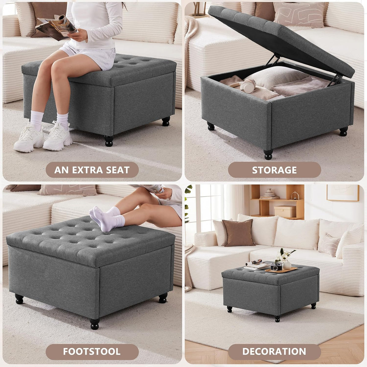 28" Large Square Ottoman with Storage, Fabric Ottoman Coffee Table, Grey | Living Room Coffee Table, Footrest or Extra Seat, Bedroom and Entryway Use, Solid Wood Frame, Safety Hinges, 300 lb Capacity