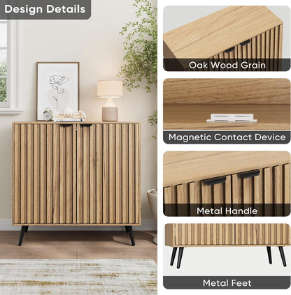Smuxee Fluted Sideboard Cabinet, Freestanding Natural Buffet Cabinet with Adjustable Shelf, Wood Storage Cabinet for Living Room, Entryway, Hallway