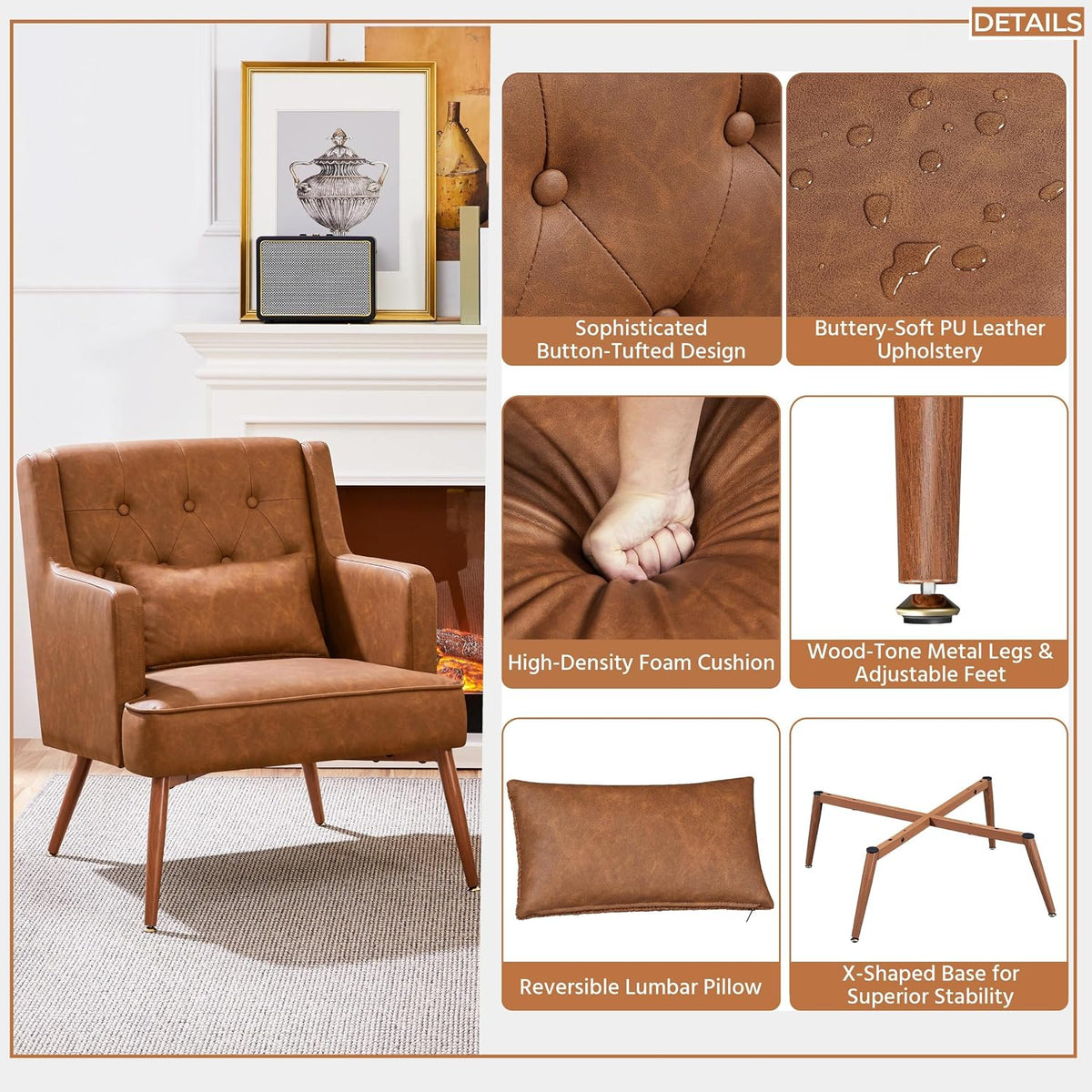 Yaheetech Accent Chairs Set of 2, Mid-Century Modern Armchairs, Retro Brown