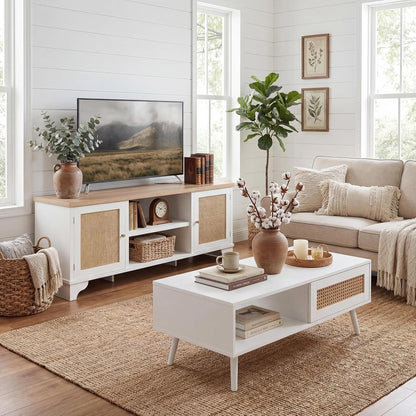 IDEALHOUSE Living Room Table Sets of 2, Includes 62" Rattan TV Stand Storage Cabinet for 65" TV, Farmhouse Coffee Table with Storage Shelf for Bedroom
