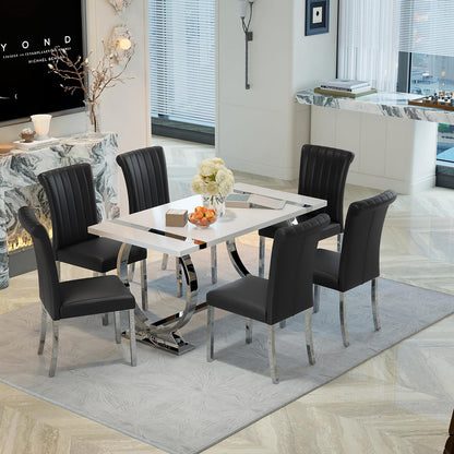 ACEDÉCOR Modern Dining Chairs Set of 6, Black Leather Dining Room Chairs with Silver Stainless Steel Legs, Upholstered Chairs with High Back and Metal Chrome Legs for Kitchen/Living Room/Restaurant
