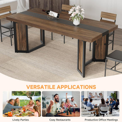 Industrial Dining Table for 6-8 People, 71" Large Long Wooden Kitchen Table with Sturdy Metal Frame & Brown Finish, Rustic Style Rectangular Dinner Table for Dining Room, Kitchen (Reddish Brown )