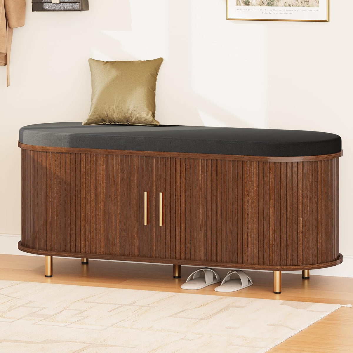 DHH 2-Tier Storage Bench,Wide Shoe Bench with Thickened Padded Seat Cushion, Mid Century Modern Fluted Sliding Door and Adjustable Shelf, for Entryway, Living Room, Bedroom (Walnut, 43.3“)