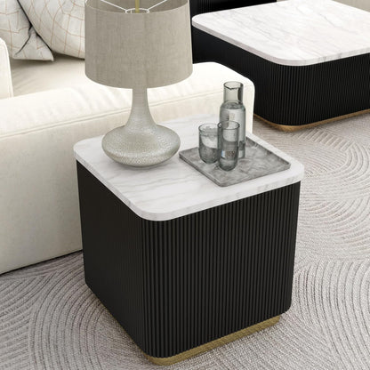 Furniture of America Beryl Modern Square White Genuine Marble Top End Table with Fluted Pedestal Base and Gold Stainless Steel Accent, Low Profile Table for Living Room, Home Office, Black
