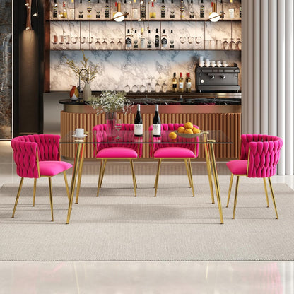 Baysitone 63" Modern Glass Dining Table with 4 Hot Pink Velvet Dining Chairs, Gold Metal Legs - Stylish 5-Piece Dining Set for Home