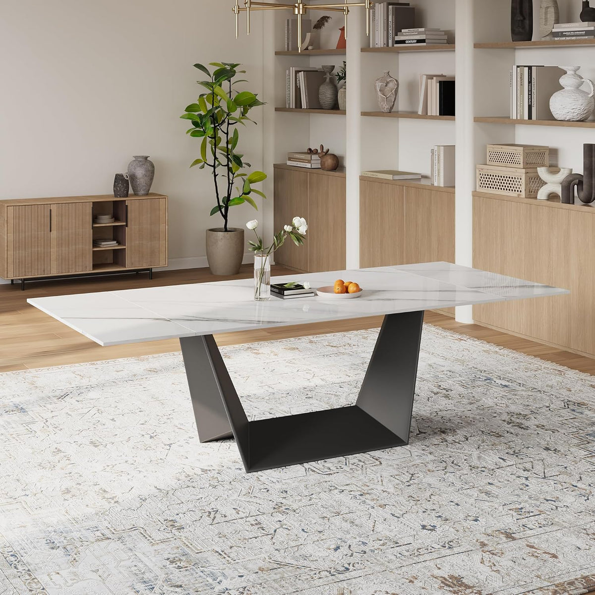 Modern Expandable Dining Table - 63" to 95" Extendable Dining Room Table for 6-12, Glossy White Sintered Stone Top with Black Carbon Steel Base, Easy Assembly Kitchen Table Only