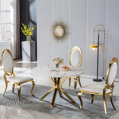 45" Marble Round Dining Table for 4 People, Modern Pedestal Kitchen Table with Mirrored Stainless Steel Cross Base & Faux Marble Top, Luxury Circle Dinner Table for Dining Room, Kitchen, Living Room