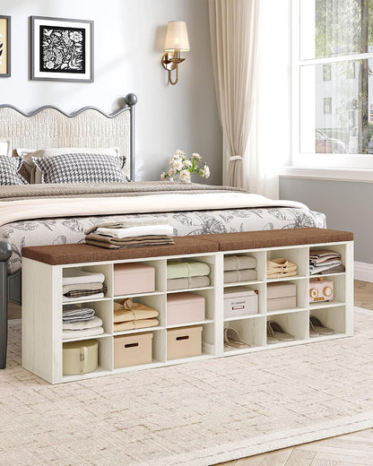 Hzuaneri Shoe Storage Bench with Cushion, Entryway Storage Bench with 18 Cubbies, 9.5" Widened Organizer Cabinet, Long Cubby Rack for Living Room, Bedroom, Entryway, White and Brown SB25714KA