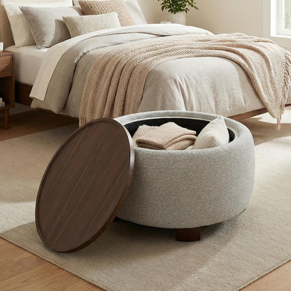 VKNOW 30" Round Storage Ottoman, Ottoman Coffee Table with Removable Wood Top and Solid Wood Legs for Living Room, Bedroom, Apartments (Beige)