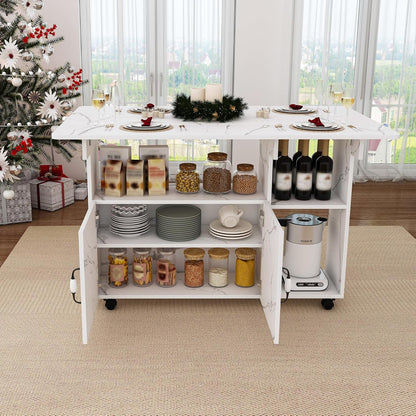 Multi-Functional Folding Dining Table Kitchen Island with Storage Shelves and Wheels, Space Saving Dining Tables Compact Desk for Dining Room, Kitchen, Dorm, Office (White)