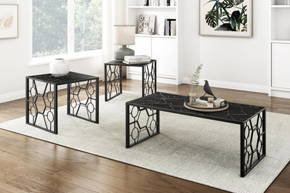 Polay 3pc Stylish Occasional Table Set Marble Print Tempered Glass Top | Features marble print tempered glass tops, metal base with lower shelf for storage. Ideal for modern living room, office