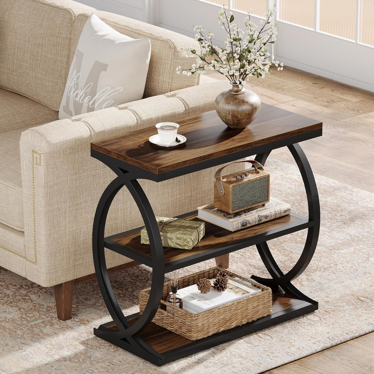 Tribesigns End Table, Narrow 3-Tier End Table for Living Room, Industrial Wooden Side Table with Metal Frame, Small Bedside Nightstand for Bedroom, Small Spaces, Rustic Brown
