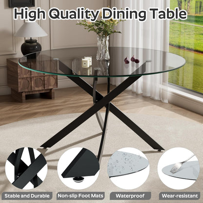 RGZ 5 Pieces Modern Round Kitchen Set, Clear Grey Circle Glass Dining Table with Dark Grey PU Faux Leather Chairs Set of 4, 47'' Large Luxury Circular Dinner Room Set, for Leisure Apartment (Black)