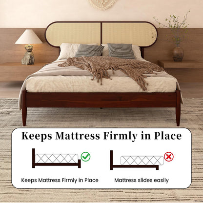 Queen Size Solid Wood Bed Frame, Rattan Boho Headboard, Dark Walnut