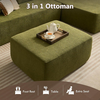HOOOWOOO Large Ottoman Coffee Table for Couch,Oversized Rectangular Ottoman Bench Seat,Modern Plush Corduroy Upholstered Foot Rest for Living Room Bedroom Bedside,Cloud Green
