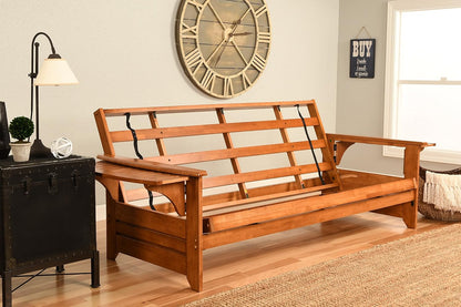 Phoenix Full Size Futon Couch with Linen Fabric Mattress Included - Wooden Frame - Solid Hardwood Construction