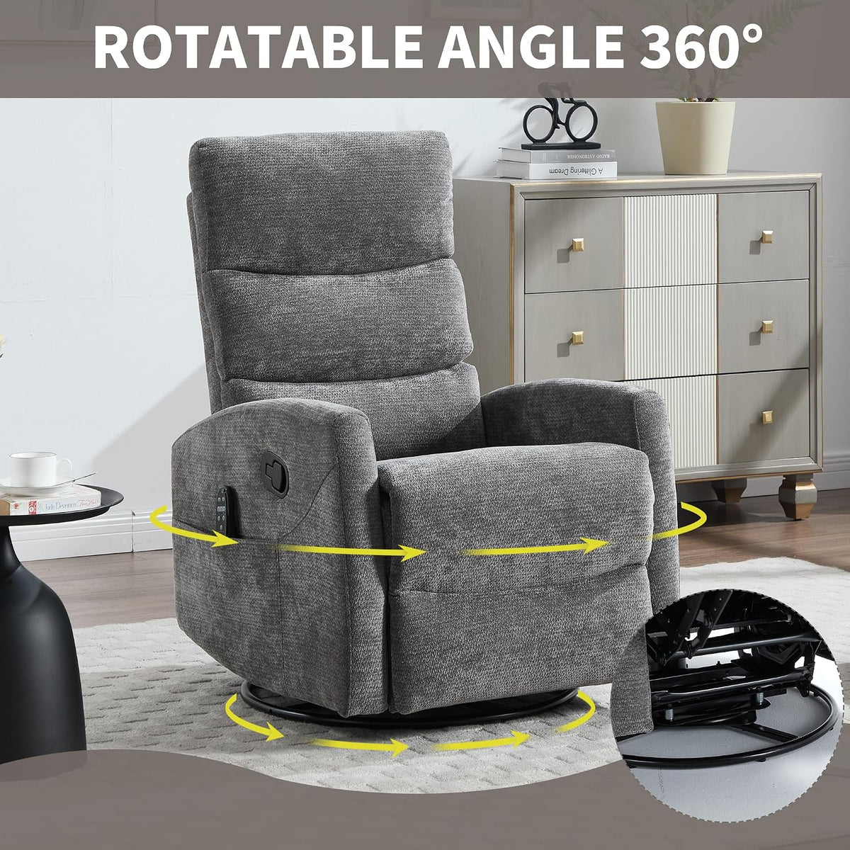 Manual Swivel Rocker Recliner Chair for Adults, Overstuffed Reclining Glider Chair for Nursing with Vibration Massage & Heat, Living Room Rocking Recliner 3-Stage backrest, Chenille Fabric Dark Gray