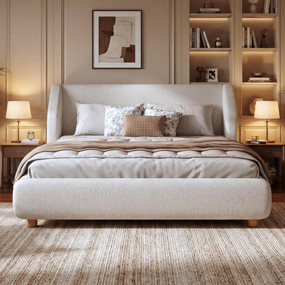 Merax Queen Size Upholstered Platform Bed Frame with Extra-Wide Wingback Headboard,Wood Legs,Sturdy Wooden Slats Low Profile for Bedroom